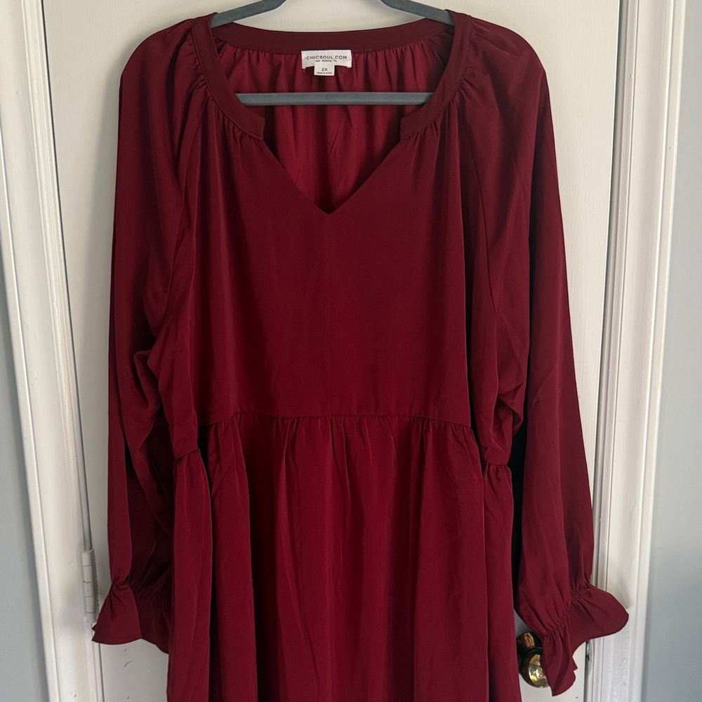 Chic Soul Long Sleeve V-Neck Dress in Burgundy